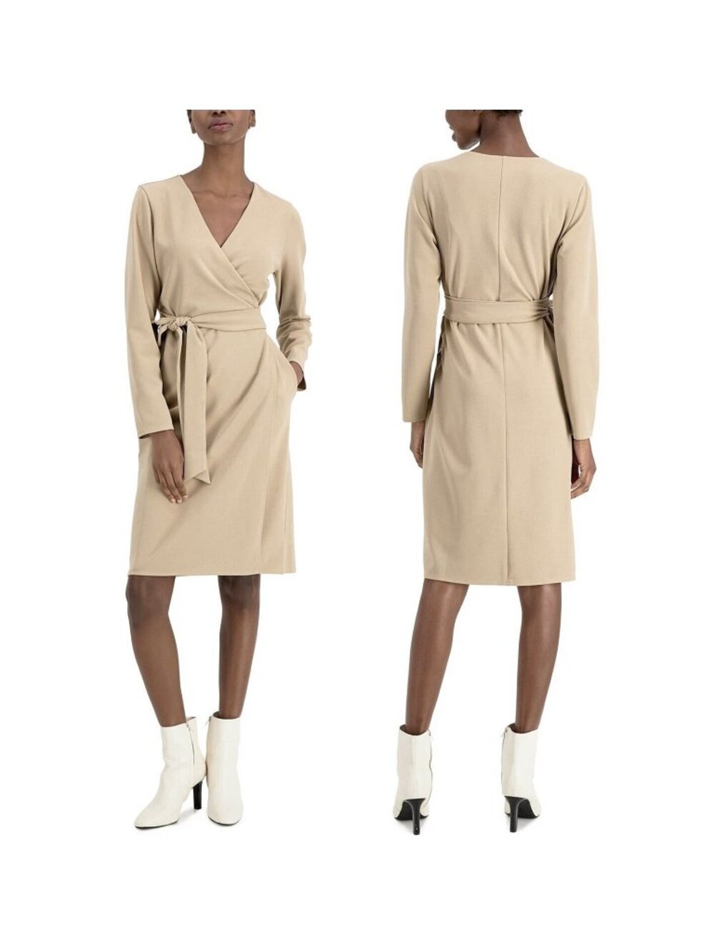 Alfani Wrap Dress Womens Size PS Beige Surplice Neck Long Sleeve Tie Waist